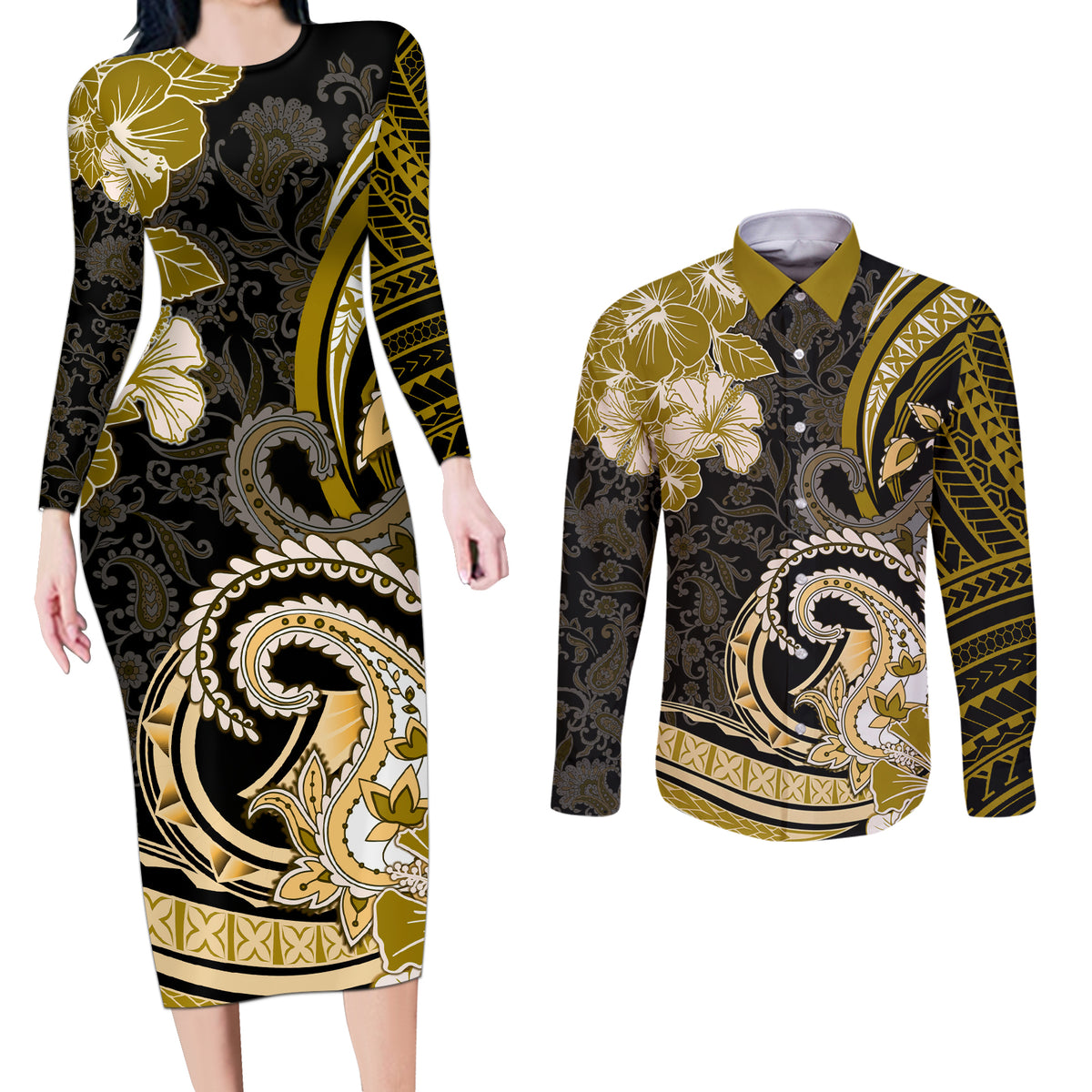 Polynesia Paisley Couples Matching Long Sleeve Bodycon Dress and Long Sleeve Button Shirt Mix Gold Polynesian Pattern LT05 Gold - Polynesian Pride