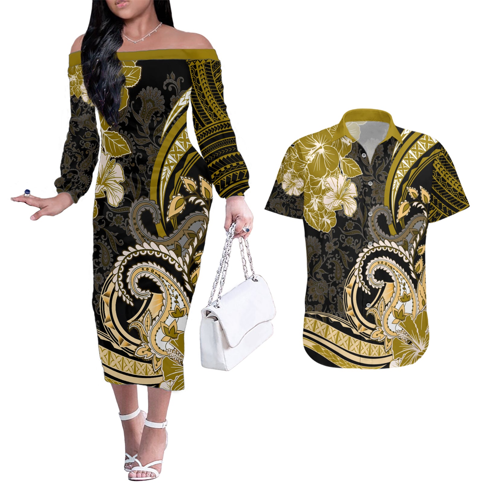 Polynesia Paisley Couples Matching Off The Shoulder Long Sleeve Dress and Hawaiian Shirt Mix Gold Polynesian Pattern LT05 Gold - Polynesian Pride