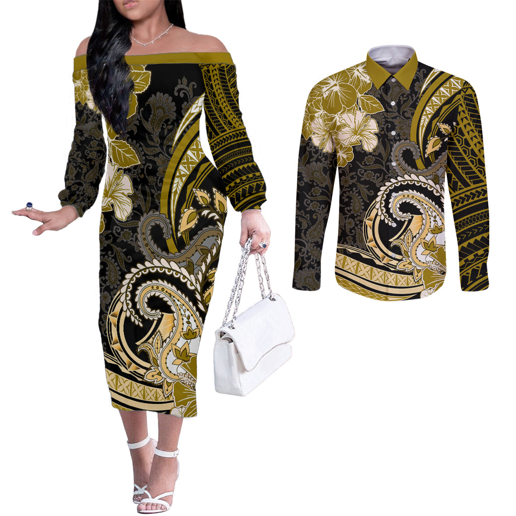 Polynesia Paisley Couples Matching Off The Shoulder Long Sleeve Dress and Long Sleeve Button Shirt Mix Gold Polynesian Pattern LT05 Gold - Polynesian Pride