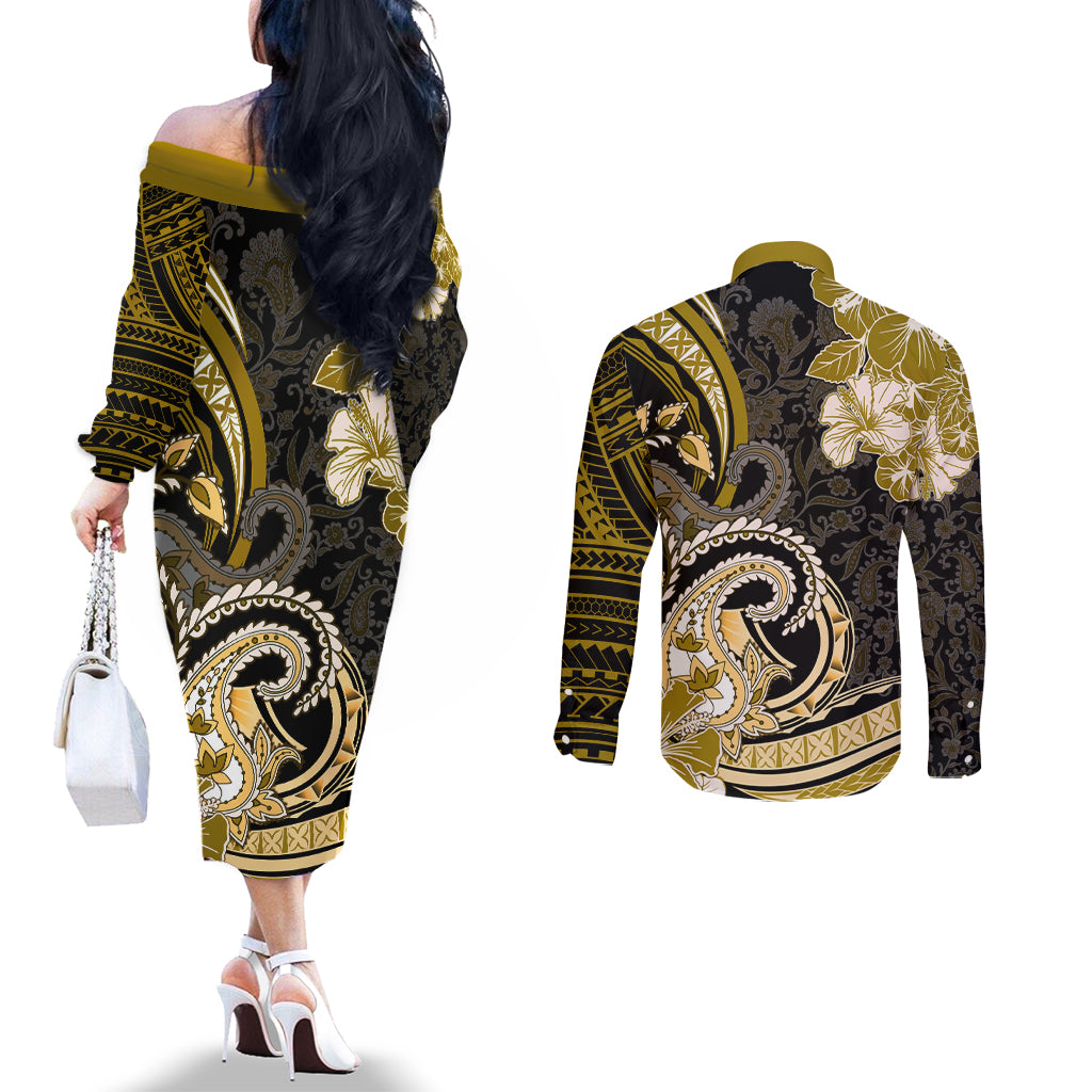 Polynesia Paisley Couples Matching Off The Shoulder Long Sleeve Dress and Long Sleeve Button Shirt Mix Gold Polynesian Pattern LT05 - Polynesian Pride