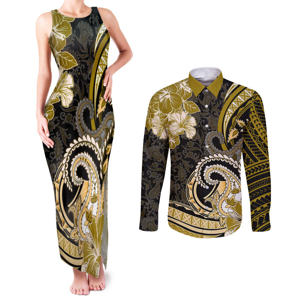 Polynesia Paisley Couples Matching Tank Maxi Dress and Long Sleeve Button Shirt Mix Gold Polynesian Pattern LT05 Gold - Polynesian Pride