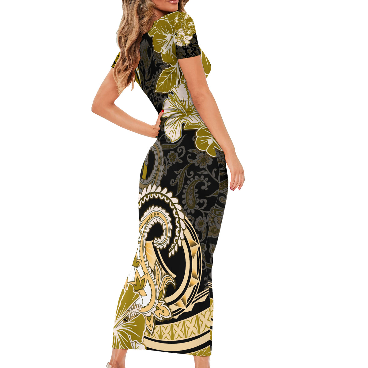 Polynesia Paisley Family Matching Short Sleeve Bodycon Dress and Hawaiian Shirt Mix Gold Polynesian Pattern LT05 - Polynesian Pride