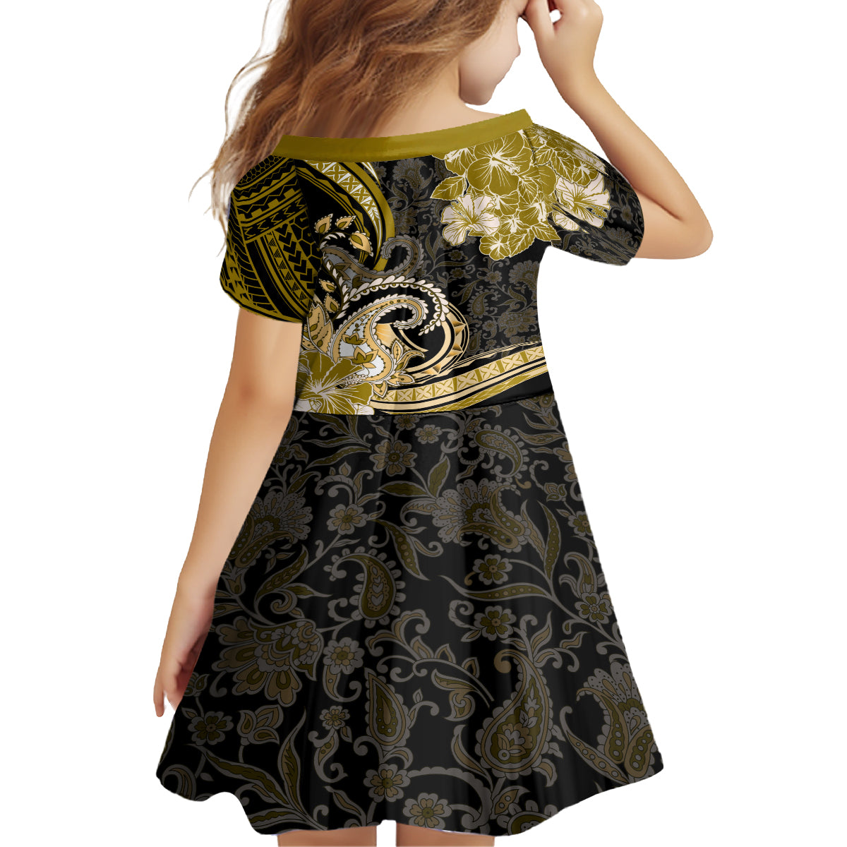 Polynesia Paisley Kid Short Sleeve Dress Mix Gold Polynesian Pattern LT05 - Polynesian Pride