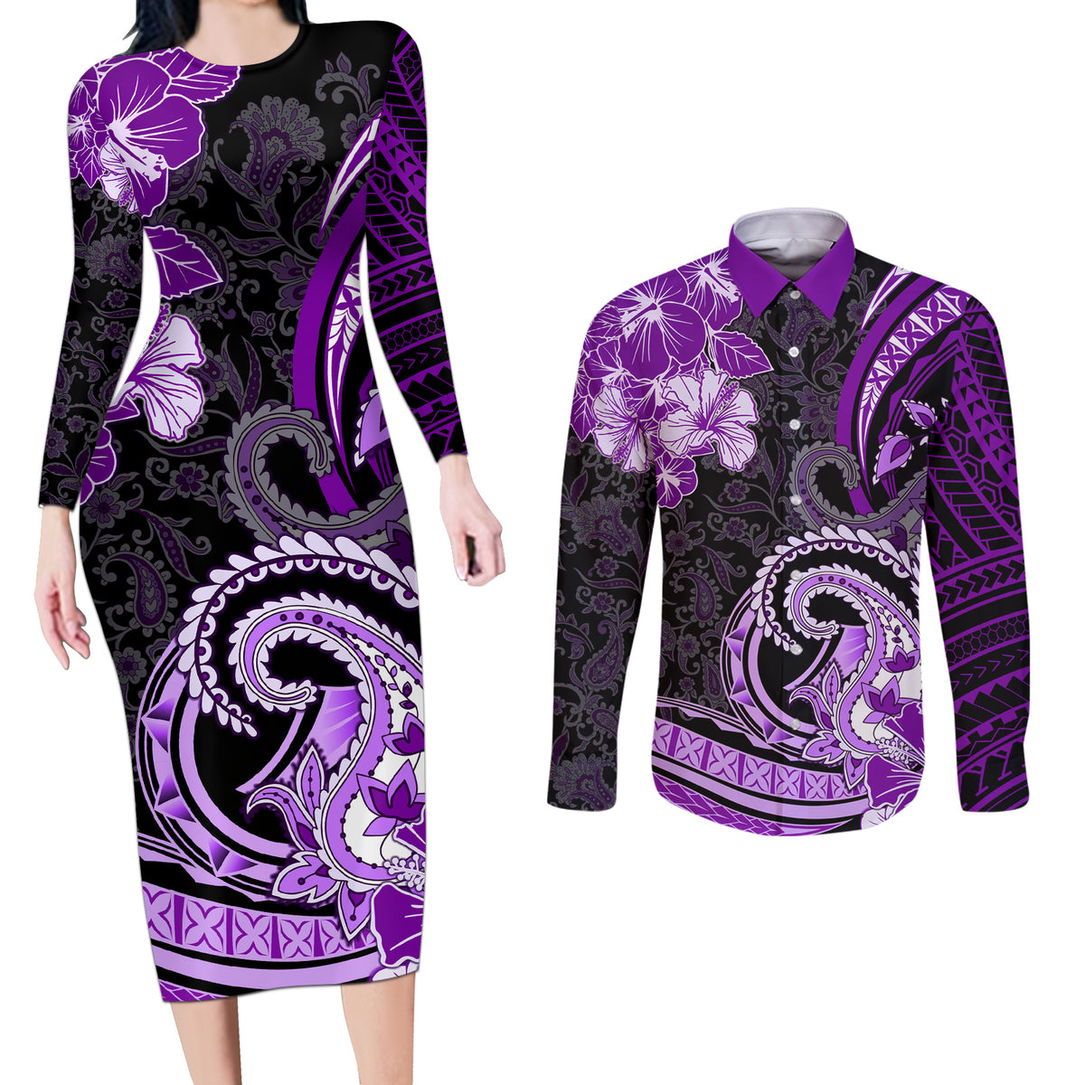 Polynesia Paisley Couples Matching Long Sleeve Bodycon Dress and Long Sleeve Button Shirt Mix Purple Polynesian Pattern LT05 Purple - Polynesian Pride