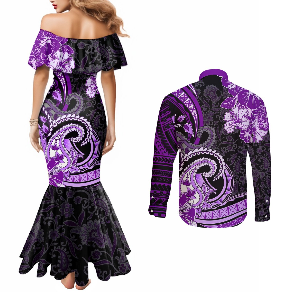 Polynesia Paisley Couples Matching Mermaid Dress and Long Sleeve Button Shirt Mix Purple Polynesian Pattern LT05 - Polynesian Pride