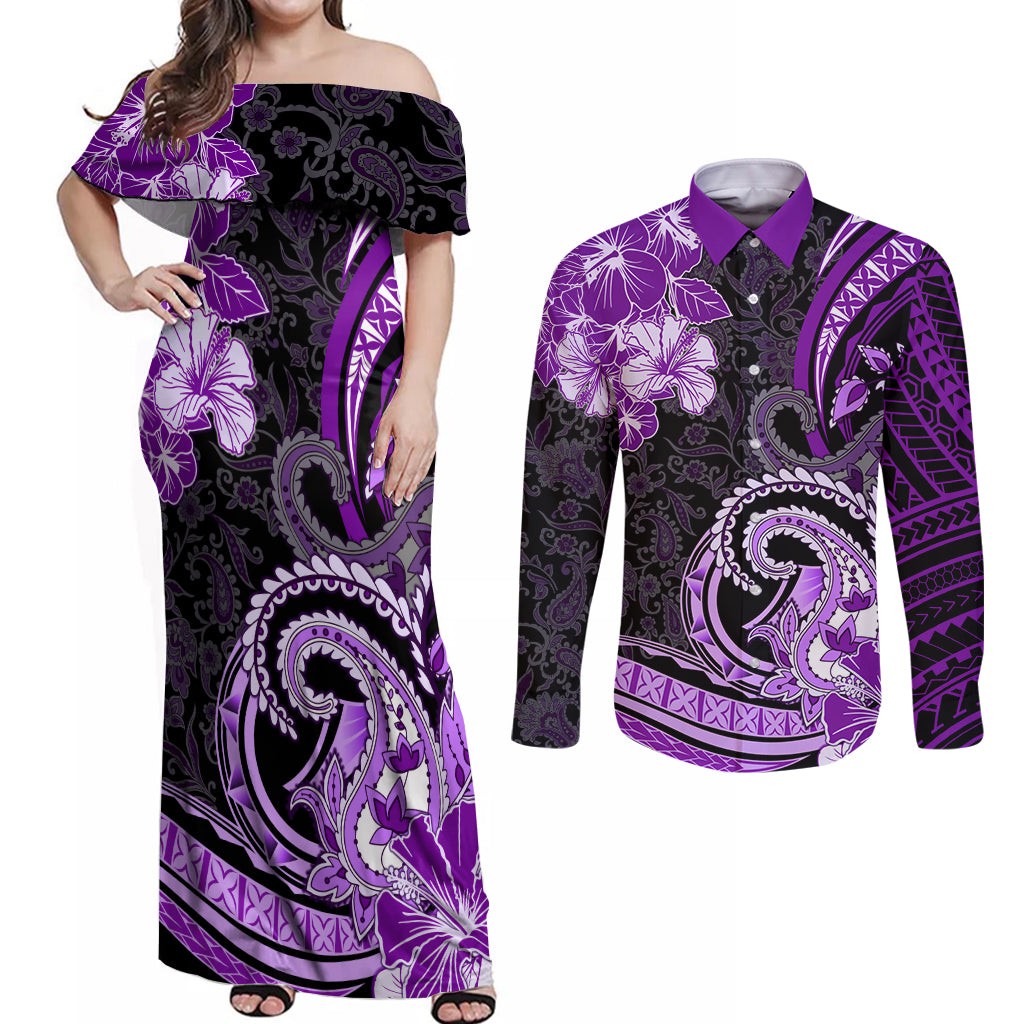 Polynesia Paisley Couples Matching Off Shoulder Maxi Dress and Long Sleeve Button Shirt Mix Purple Polynesian Pattern LT05 Purple - Polynesian Pride