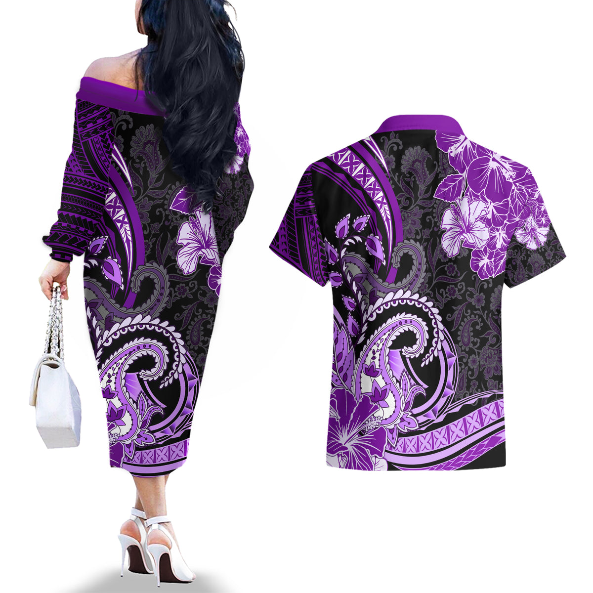 Polynesia Paisley Couples Matching Off The Shoulder Long Sleeve Dress and Hawaiian Shirt Mix Purple Polynesian Pattern LT05 - Polynesian Pride