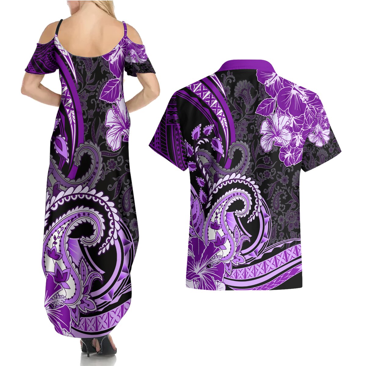 Polynesia Paisley Couples Matching Summer Maxi Dress and Hawaiian Shirt Mix Purple Polynesian Pattern LT05 - Polynesian Pride