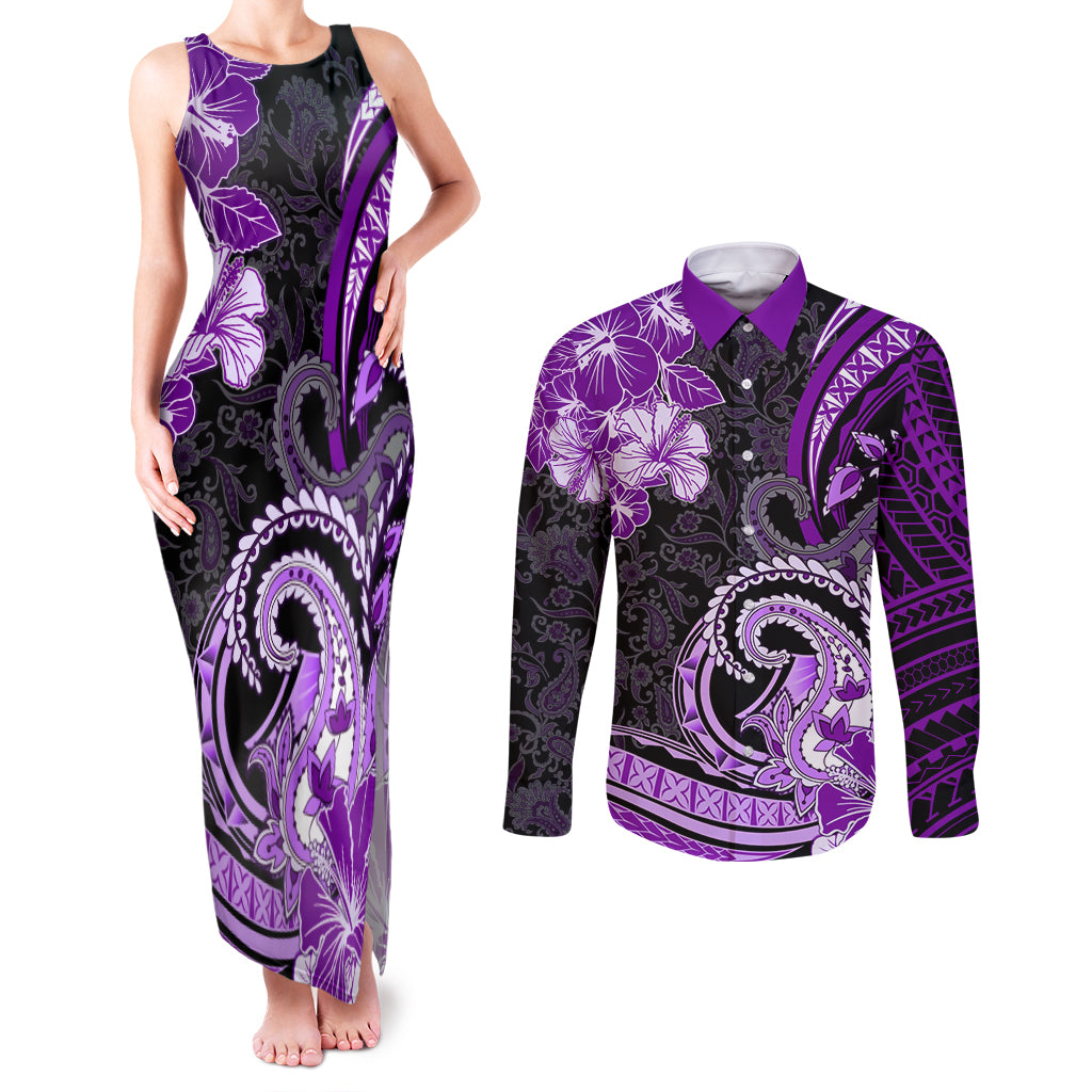 Polynesia Paisley Couples Matching Tank Maxi Dress and Long Sleeve Button Shirt Mix Purple Polynesian Pattern LT05 Purple - Polynesian Pride