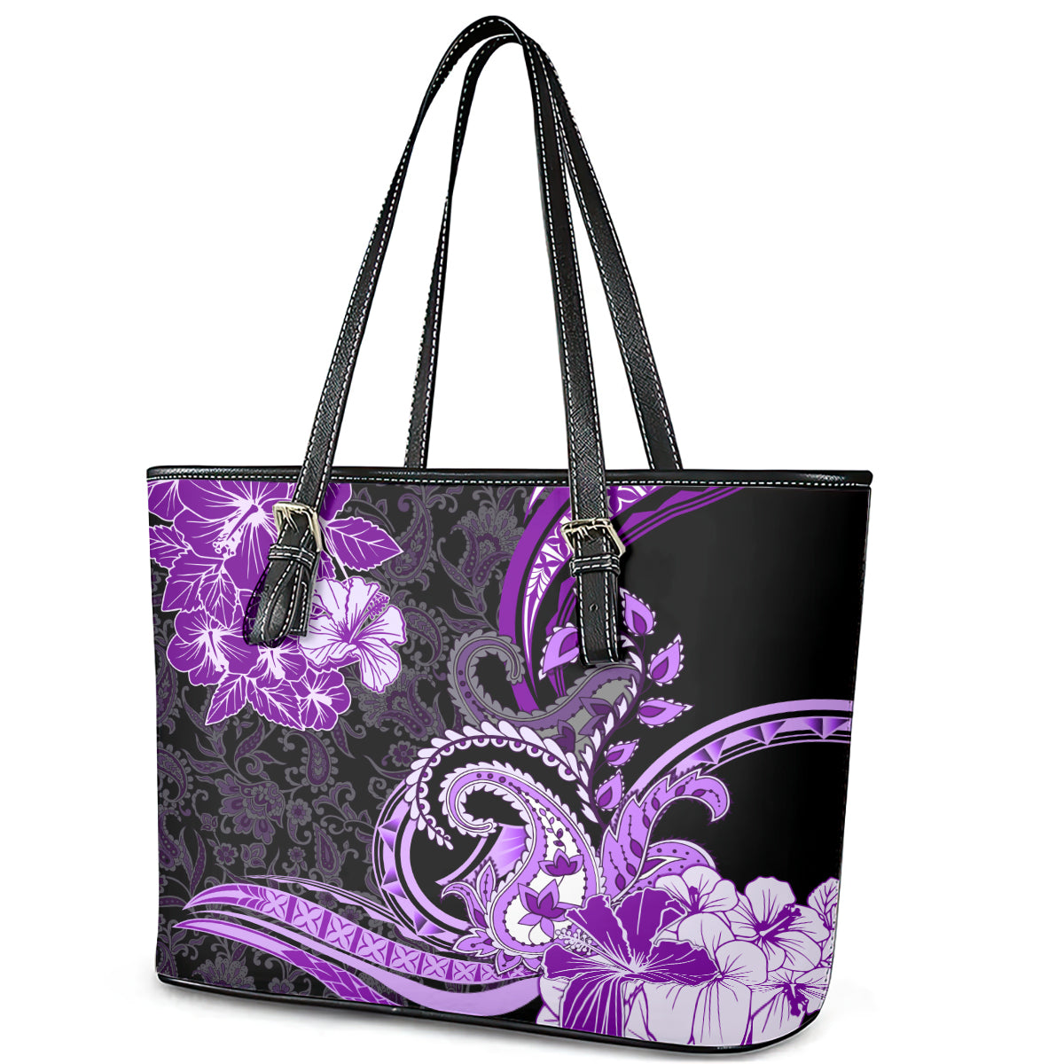 Polynesia Paisley Leather Tote Bag Mix Purple Polynesian Pattern
