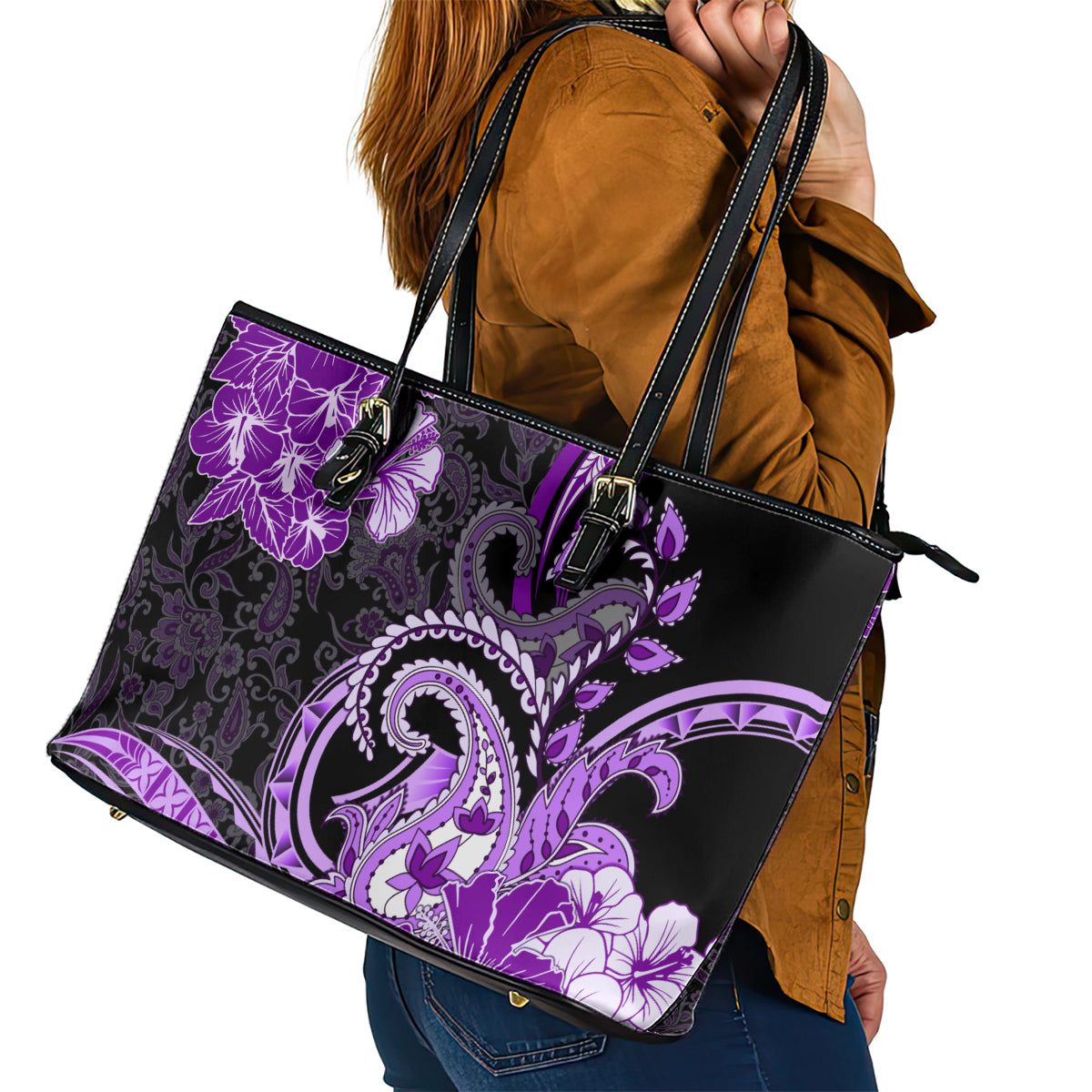 Polynesia Paisley Leather Tote Bag Mix Purple Polynesian Pattern