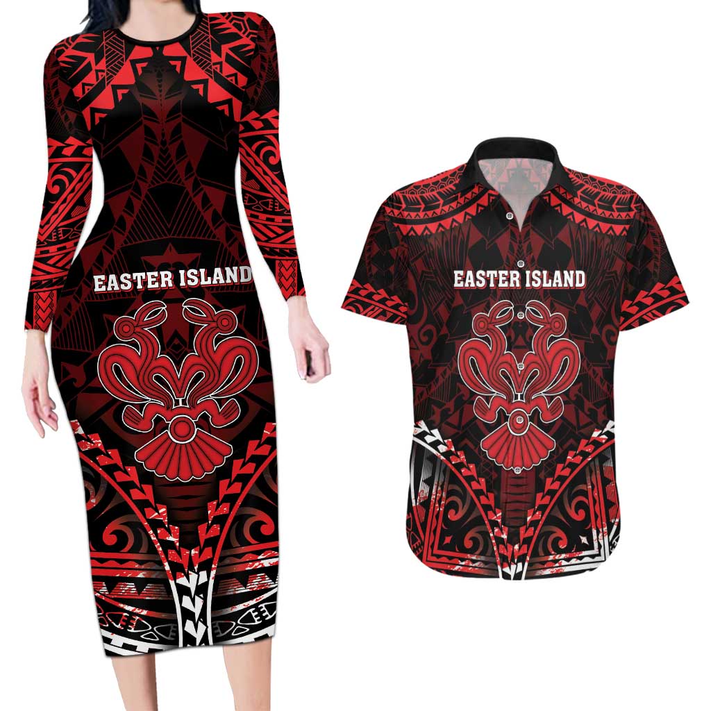 Personalised Easter Island Couples Matching Long Sleeve Bodycon Dress and Hawaiian Shirt Polynesian Pattern Emblem
