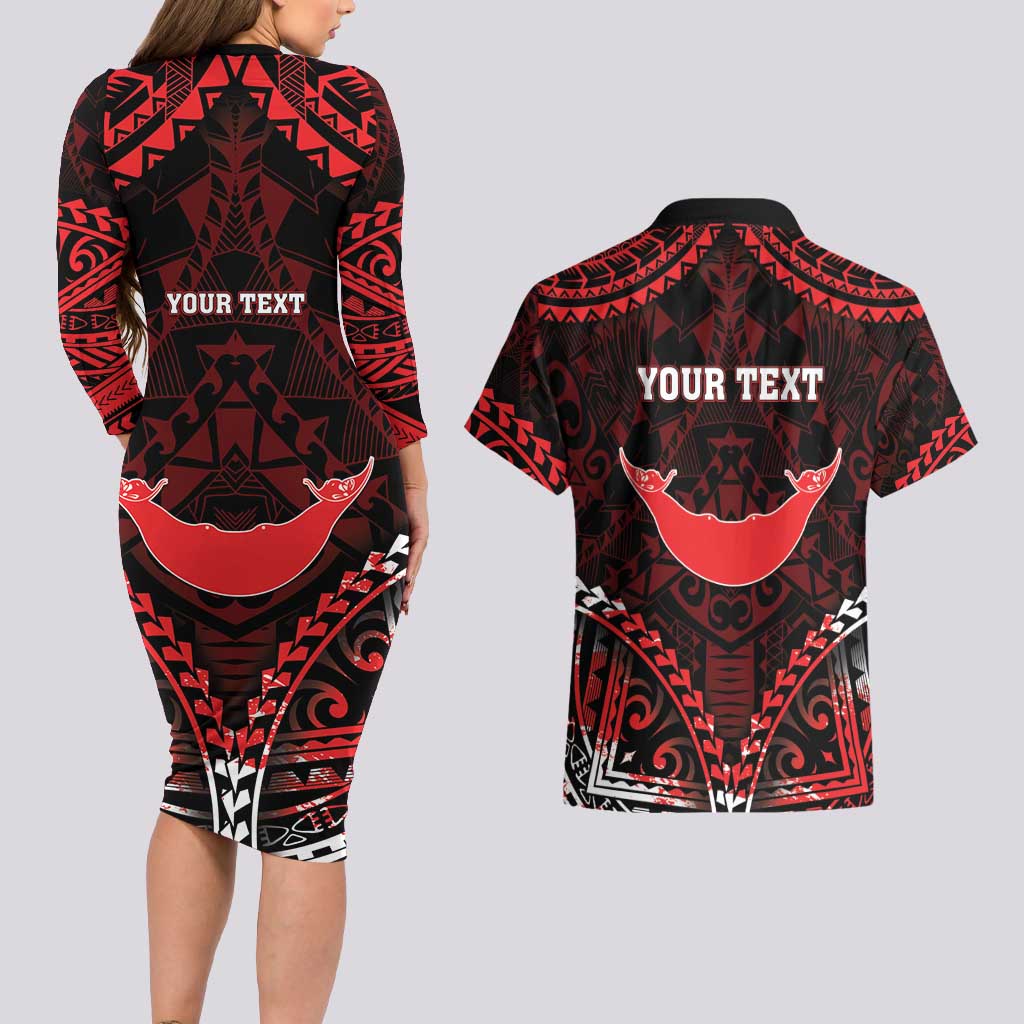 Personalised Easter Island Couples Matching Long Sleeve Bodycon Dress and Hawaiian Shirt Polynesian Pattern Emblem