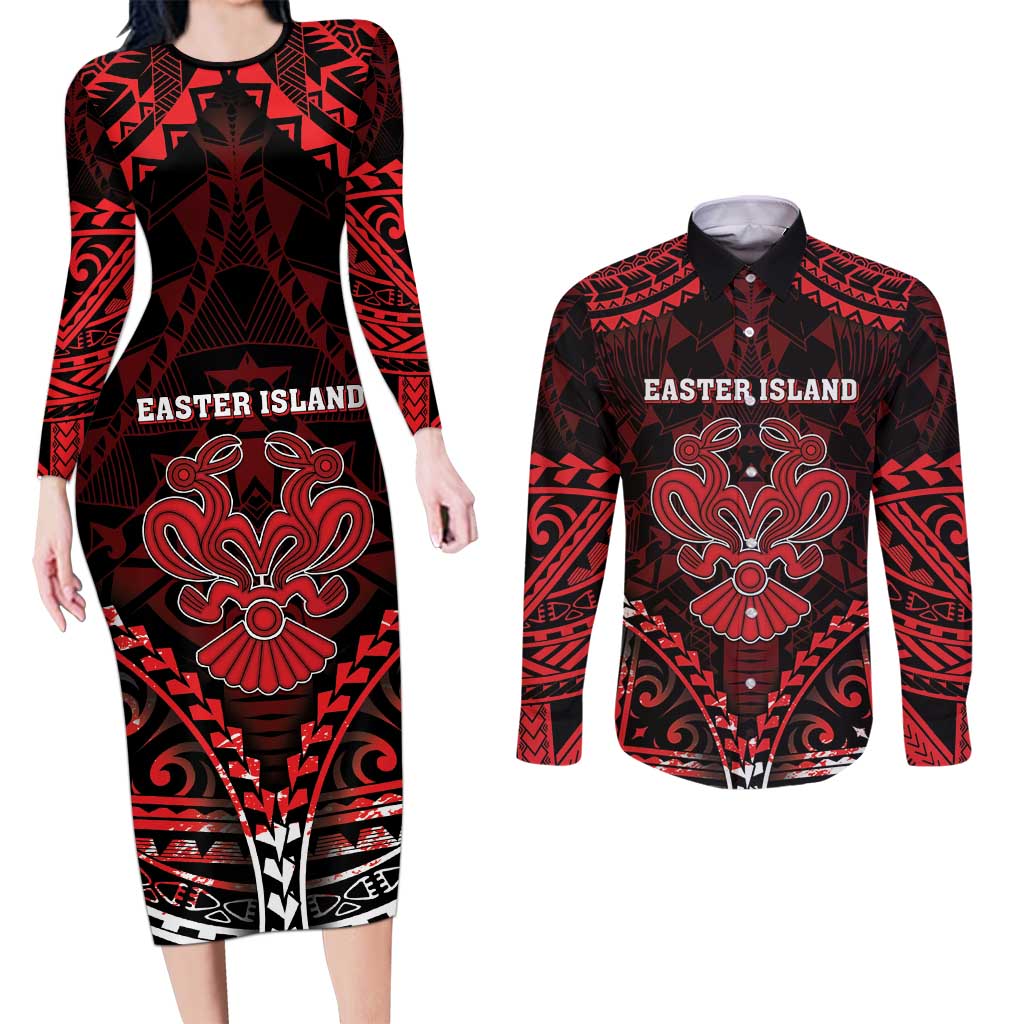 Personalised Easter Island Couples Matching Long Sleeve Bodycon Dress and Long Sleeve Button Shirt Polynesian Pattern Emblem