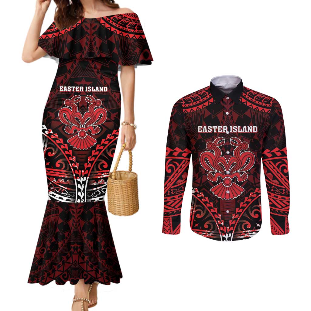 Personalised Easter Island Couples Matching Mermaid Dress and Long Sleeve Button Shirt Polynesian Pattern Emblem