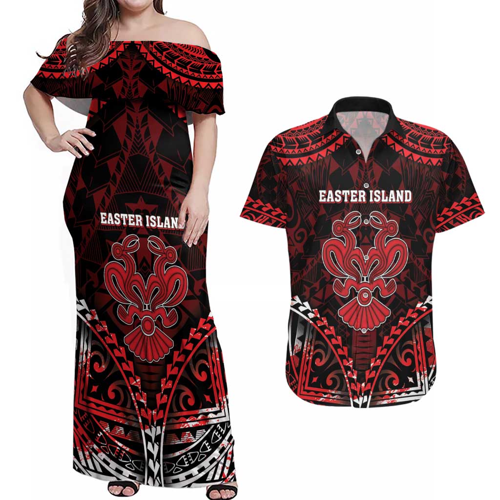 Personalised Easter Island Couples Matching Off Shoulder Maxi Dress and Hawaiian Shirt Polynesian Pattern Emblem