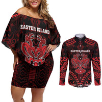 Personalised Easter Island Couples Matching Off Shoulder Short Dress and Long Sleeve Button Shirt Polynesian Pattern Emblem