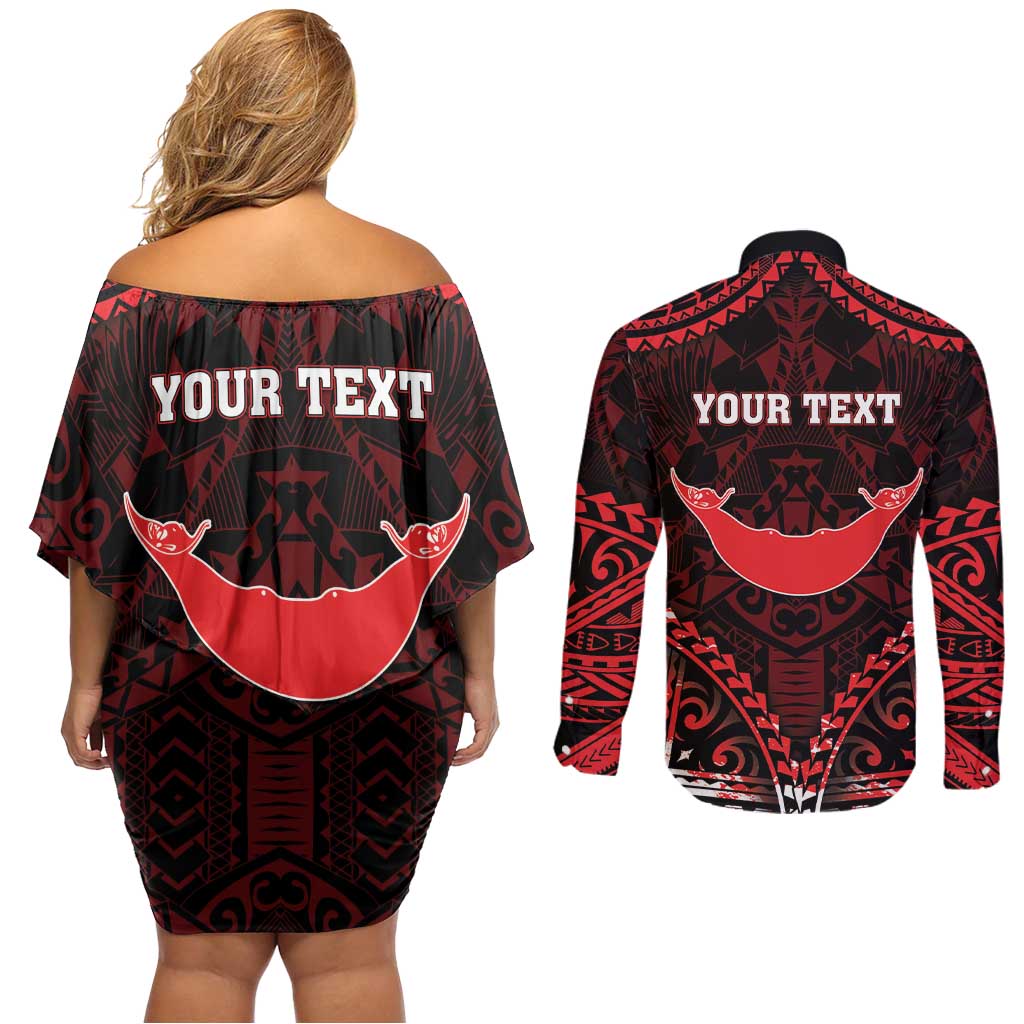 Personalised Easter Island Couples Matching Off Shoulder Short Dress and Long Sleeve Button Shirt Polynesian Pattern Emblem