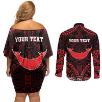 Personalised Easter Island Couples Matching Off Shoulder Short Dress and Long Sleeve Button Shirt Polynesian Pattern Emblem