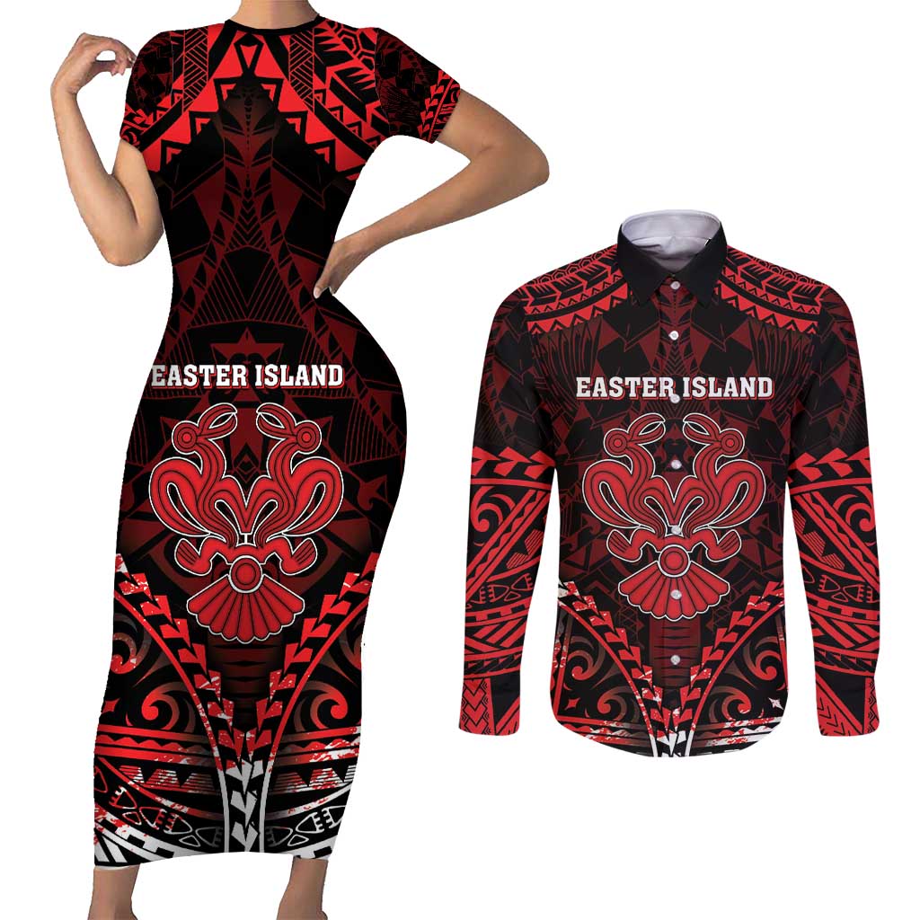 Personalised Easter Island Couples Matching Short Sleeve Bodycon Dress and Long Sleeve Button Shirt Polynesian Pattern Emblem LT05 Black - Polynesian Pride