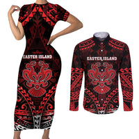 Personalised Easter Island Couples Matching Short Sleeve Bodycon Dress and Long Sleeve Button Shirt Polynesian Pattern Emblem LT05 Black - Polynesian Pride