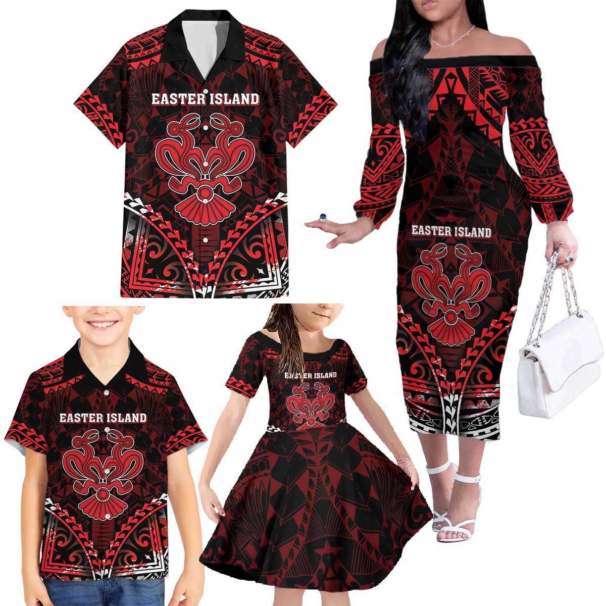 Personalised Easter Island Family Matching Off The Shoulder Long Sleeve Dress and Hawaiian Shirt Polynesian Pattern Emblem