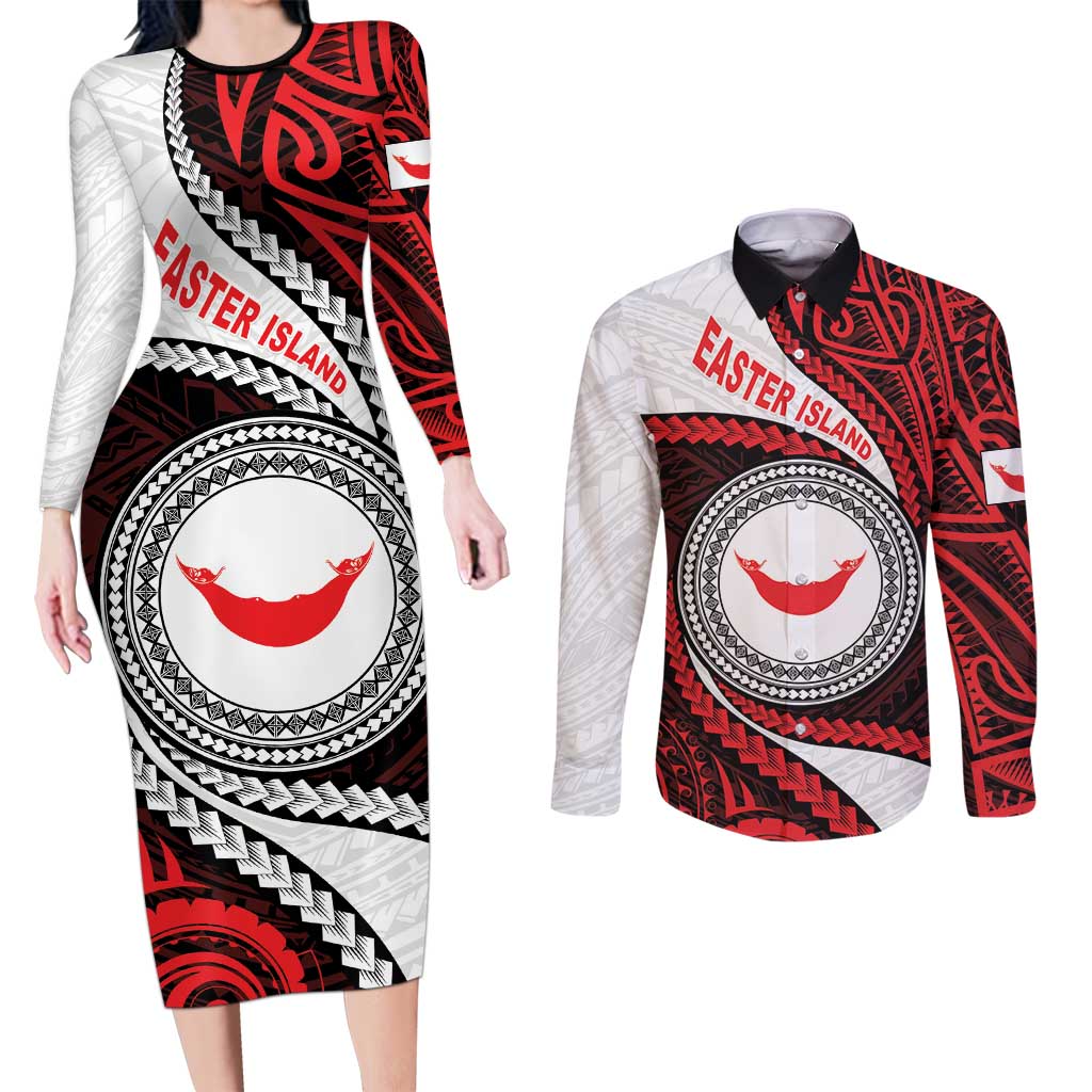 Easter Island Couples Matching Long Sleeve Bodycon Dress and Long Sleeve Button Shirt Moai Statues Polynesian Style