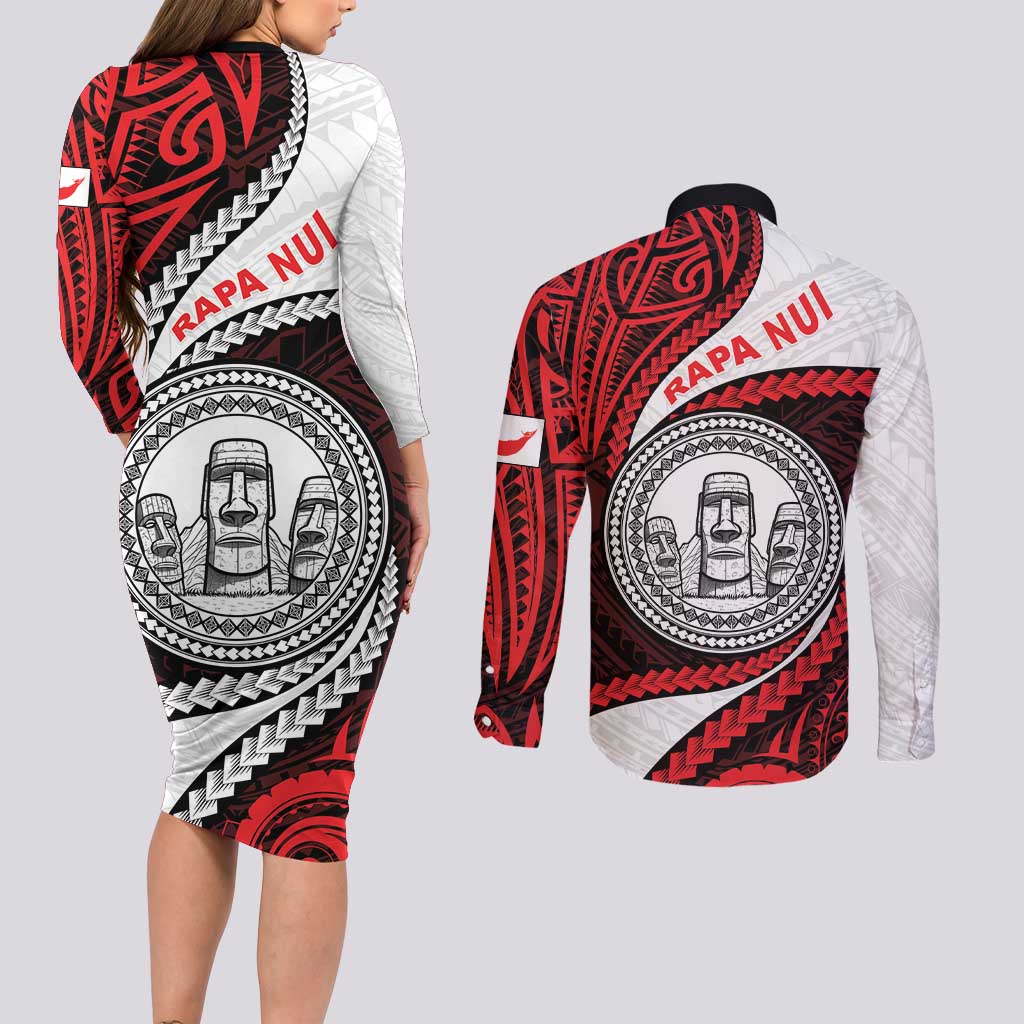 Easter Island Couples Matching Long Sleeve Bodycon Dress and Long Sleeve Button Shirt Moai Statues Polynesian Style