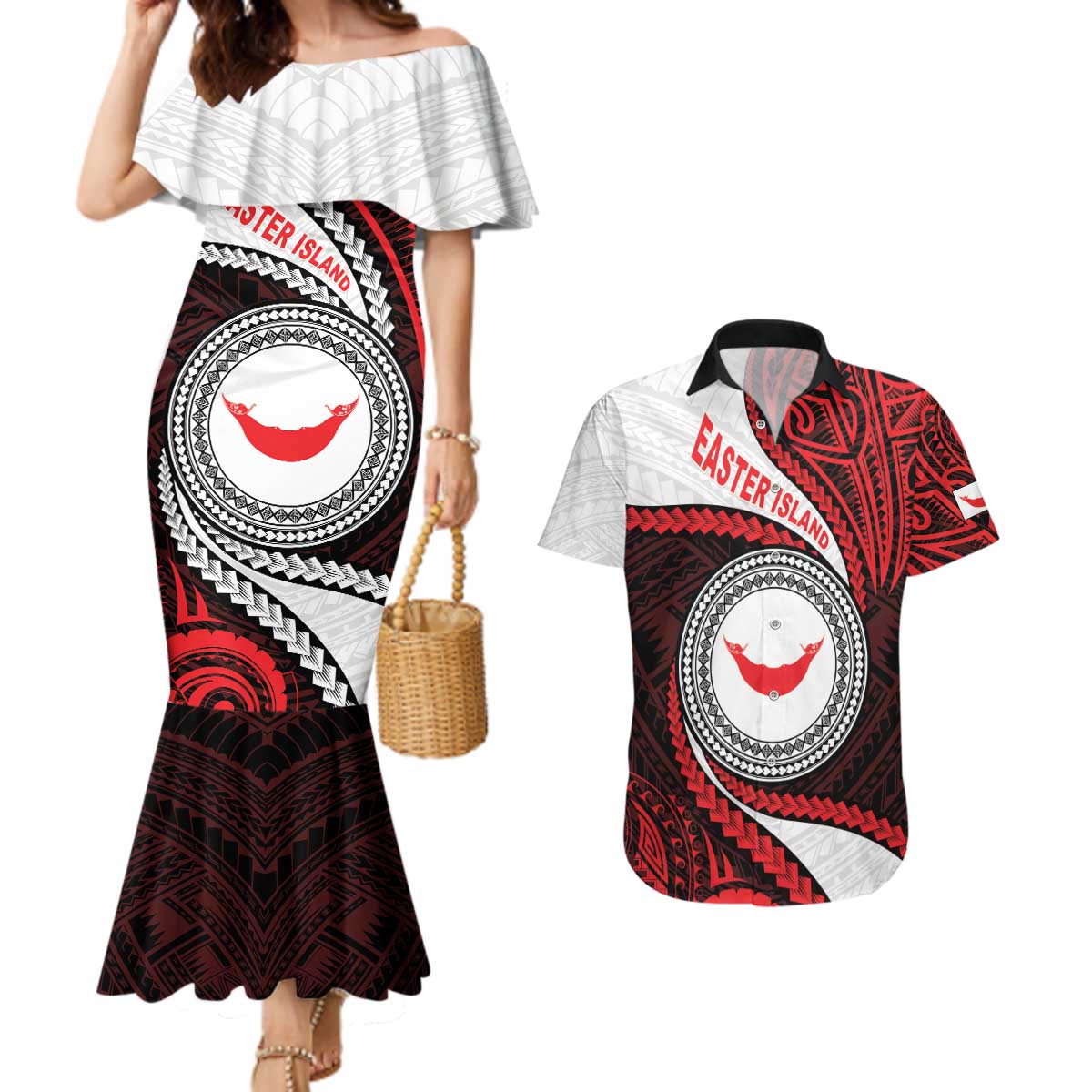 Easter Island Couples Matching Mermaid Dress and Hawaiian Shirt Moai Statues Polynesian Style