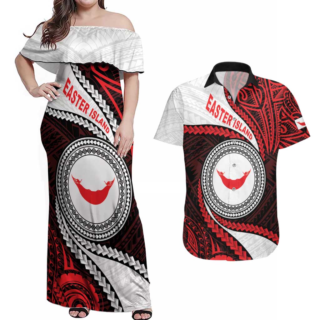 Easter Island Couples Matching Off Shoulder Maxi Dress and Hawaiian Shirt Moai Statues Polynesian Style