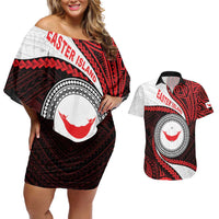 Easter Island Couples Matching Off Shoulder Short Dress and Hawaiian Shirt Moai Statues Polynesian Style