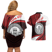 Easter Island Couples Matching Off Shoulder Short Dress and Hawaiian Shirt Moai Statues Polynesian Style