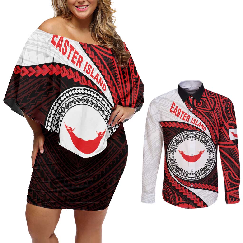 Easter Island Couples Matching Off Shoulder Short Dress and Long Sleeve Button Shirt Moai Statues Polynesian Style
