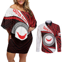 Easter Island Couples Matching Off Shoulder Short Dress and Long Sleeve Button Shirt Moai Statues Polynesian Style