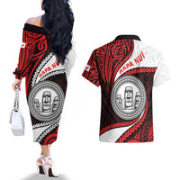 Easter Island Couples Matching Off The Shoulder Long Sleeve Dress and Hawaiian Shirt Moai Statues Polynesian Style