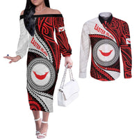 Easter Island Couples Matching Off The Shoulder Long Sleeve Dress and Long Sleeve Button Shirt Moai Statues Polynesian Style LT05 Red - Polynesian Pride