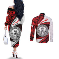Easter Island Couples Matching Off The Shoulder Long Sleeve Dress and Long Sleeve Button Shirt Moai Statues Polynesian Style LT05 - Polynesian Pride
