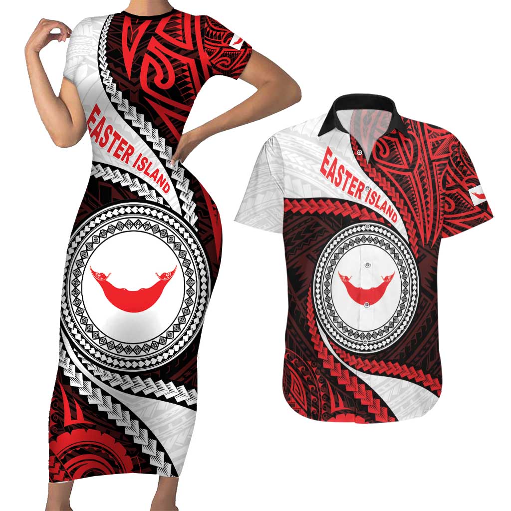 Easter Island Couples Matching Short Sleeve Bodycon Dress and Hawaiian Shirt Moai Statues Polynesian Style LT05 Red - Polynesian Pride
