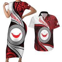 Easter Island Couples Matching Short Sleeve Bodycon Dress and Hawaiian Shirt Moai Statues Polynesian Style LT05 Red - Polynesian Pride