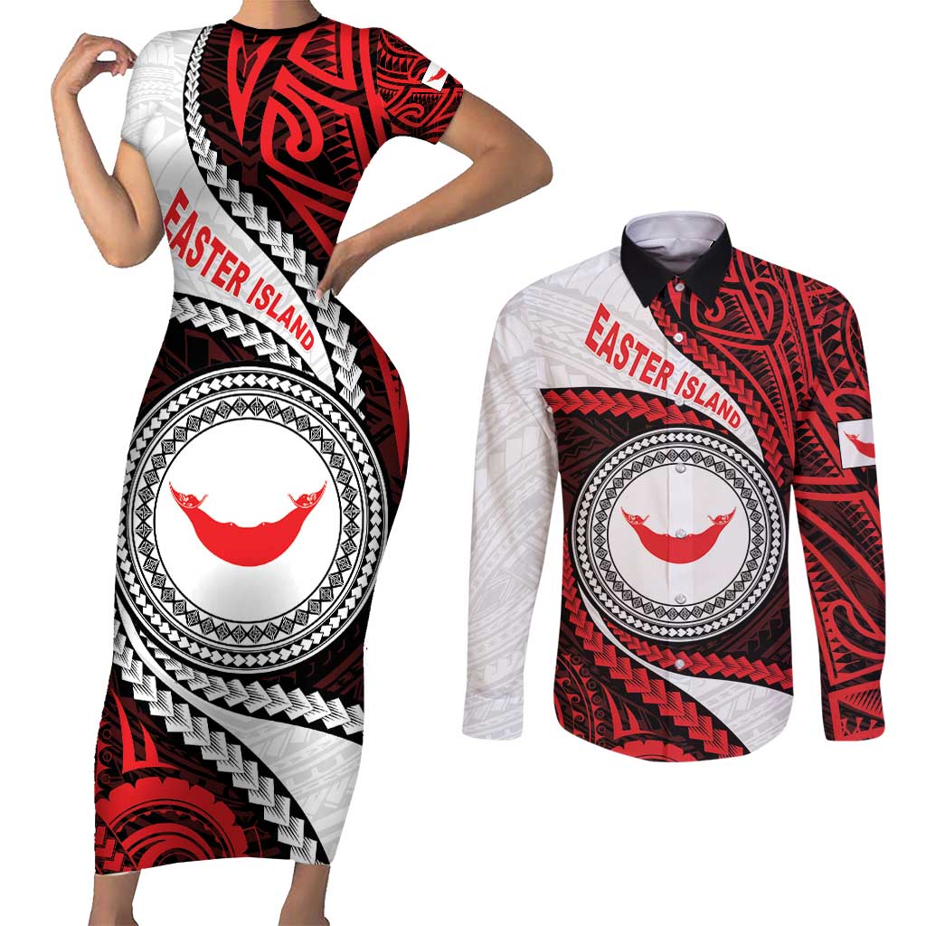 Easter Island Couples Matching Short Sleeve Bodycon Dress and Long Sleeve Button Shirt Moai Statues Polynesian Style