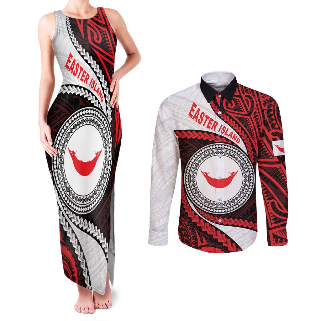 Easter Island Couples Matching Tank Maxi Dress and Long Sleeve Button Shirt Moai Statues Polynesian Style