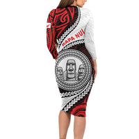 Easter Island Family Matching Long Sleeve Bodycon Dress and Hawaiian Shirt Moai Statues Polynesian Style