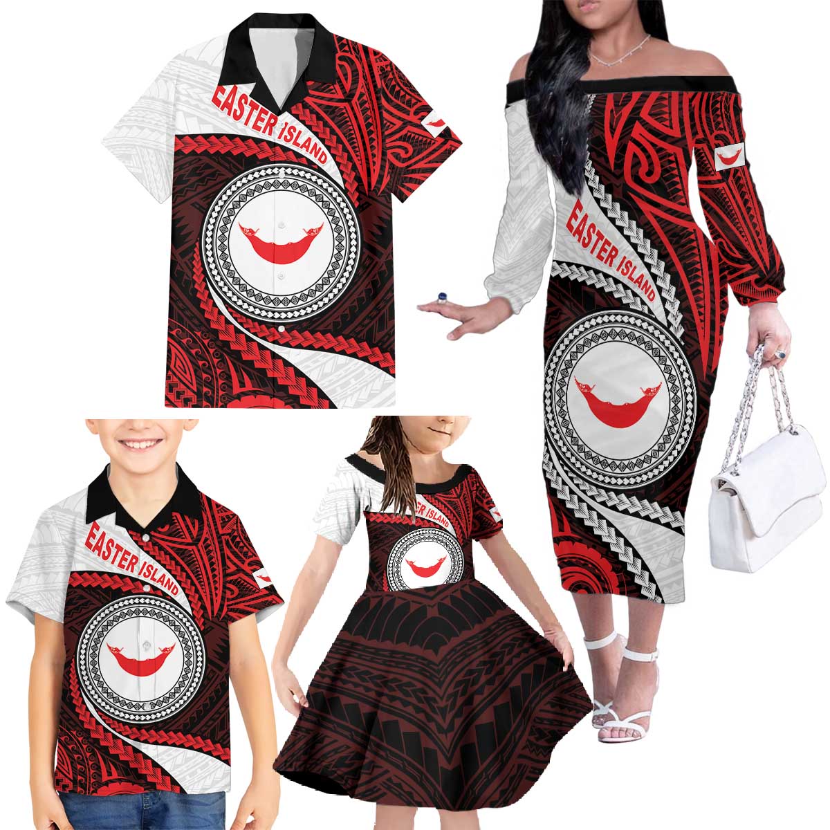 Easter Island Family Matching Off The Shoulder Long Sleeve Dress and Hawaiian Shirt Moai Statues Polynesian Style
