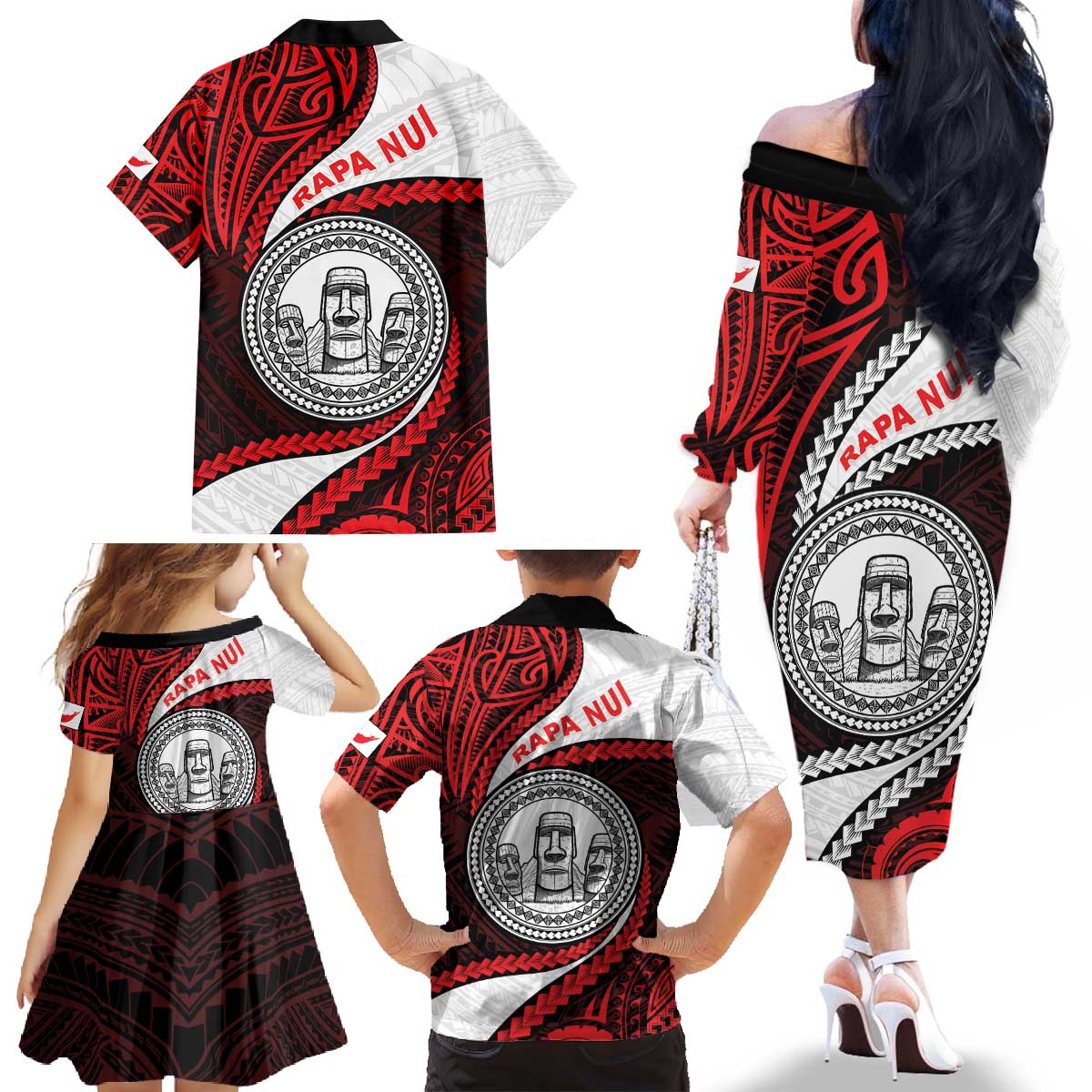 Easter Island Family Matching Off The Shoulder Long Sleeve Dress and Hawaiian Shirt Moai Statues Polynesian Style