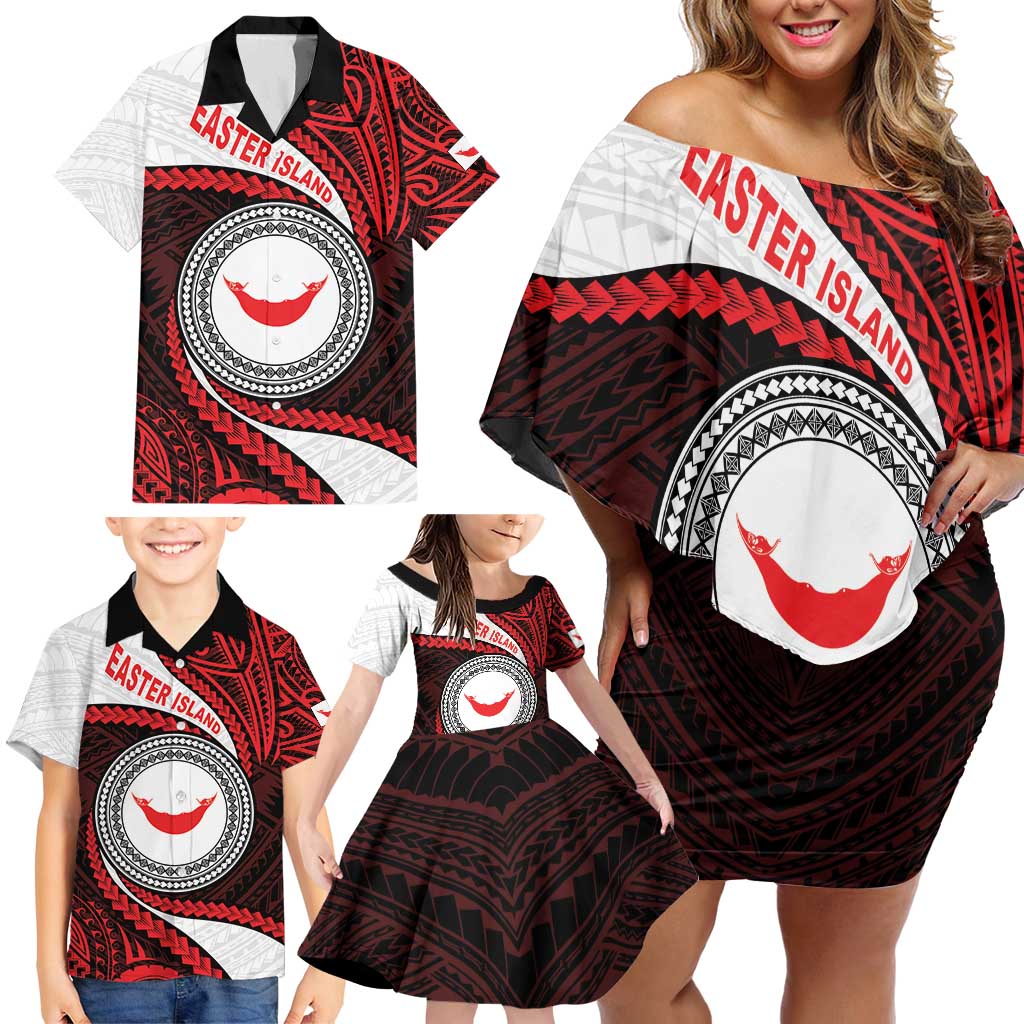 Easter Island Family Matching Off Shoulder Short Dress and Hawaiian Shirt Moai Statues Polynesian Style