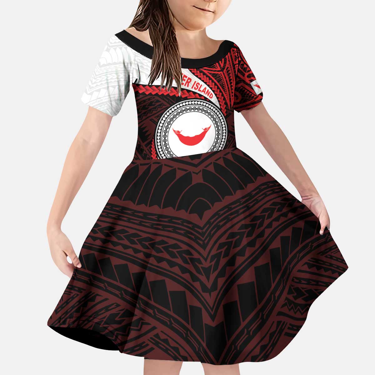 Easter Island Kid Short Sleeve Dress Moai Statues Polynesian Style