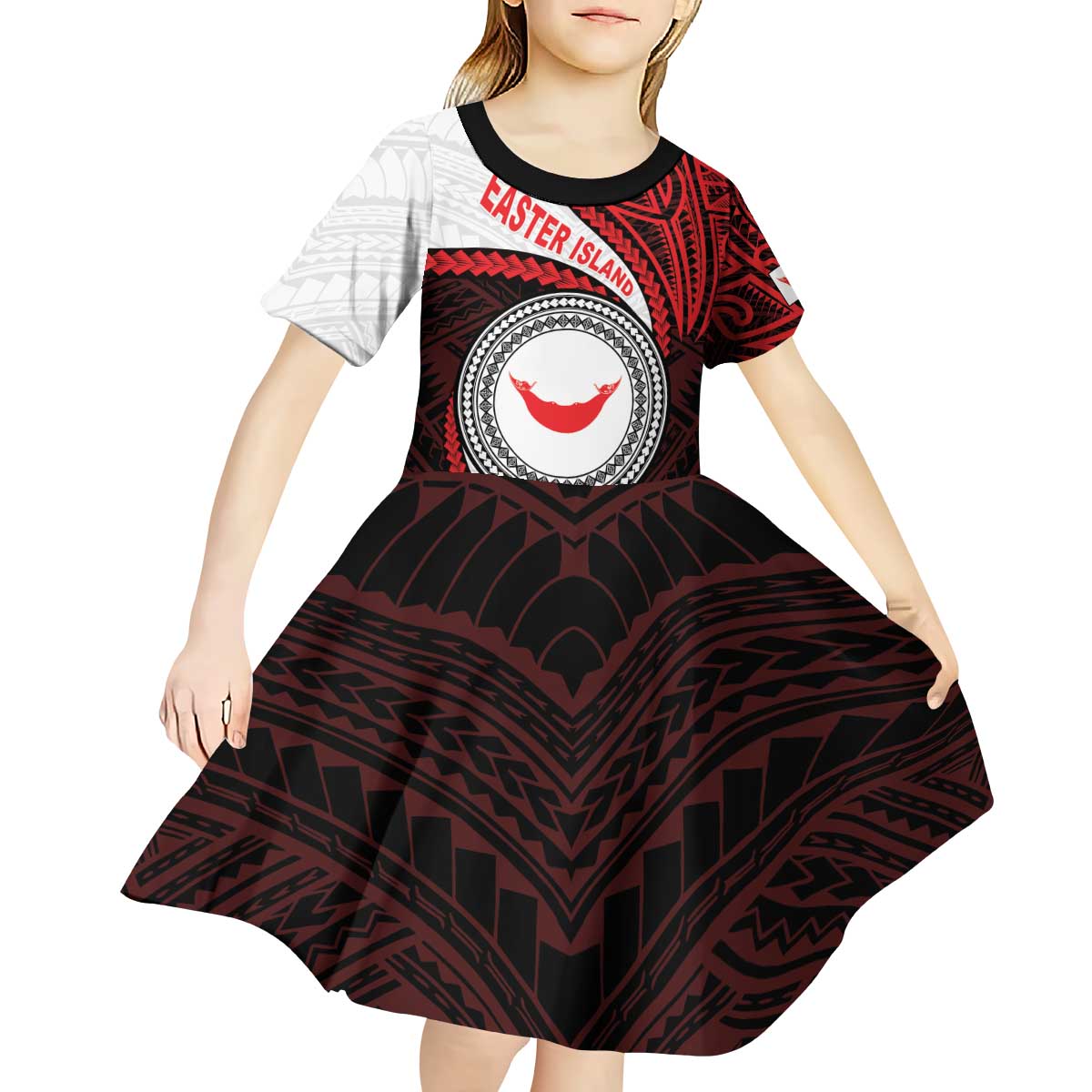 Easter Island Kid Short Sleeve Dress Moai Statues Polynesian Style