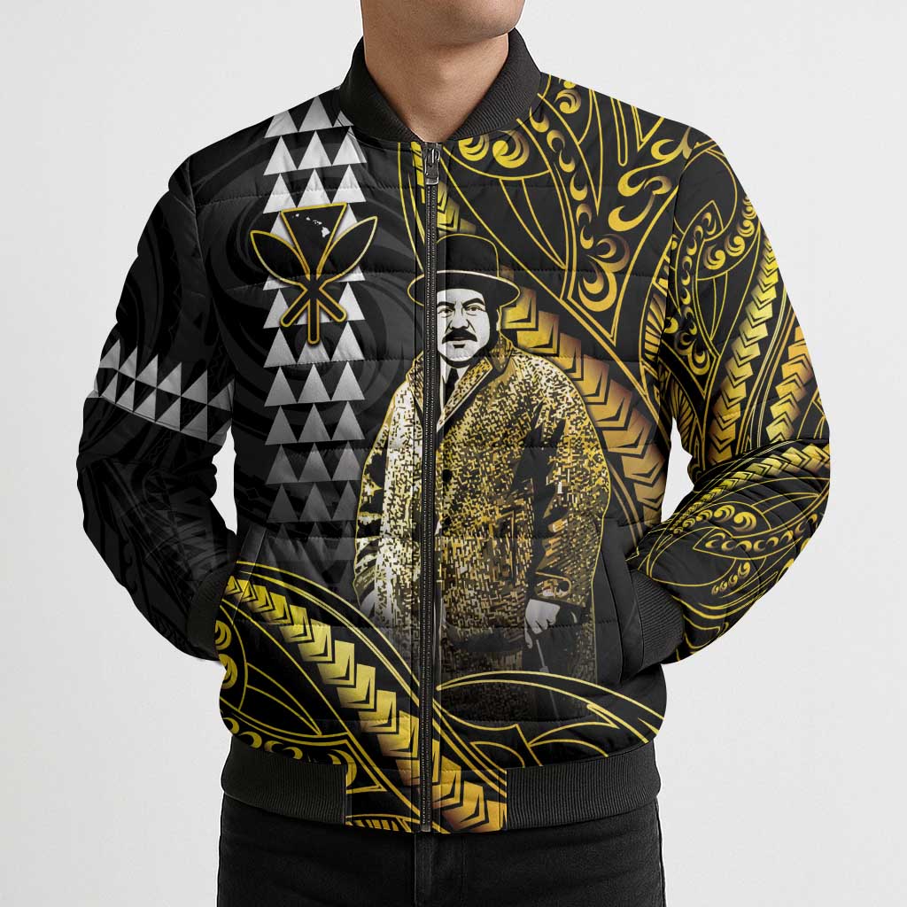 Hawaii Kuhio The Citizen Prince Bomber Puffer Jacket Gold Polynesian Tribal Tattoo