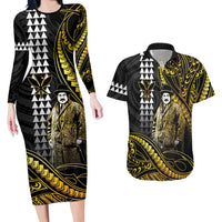 Hawaii Kuhio The Citizen Prince Couples Matching Long Sleeve Bodycon Dress and Hawaiian Shirt Gold Polynesian Tribal Tattoo