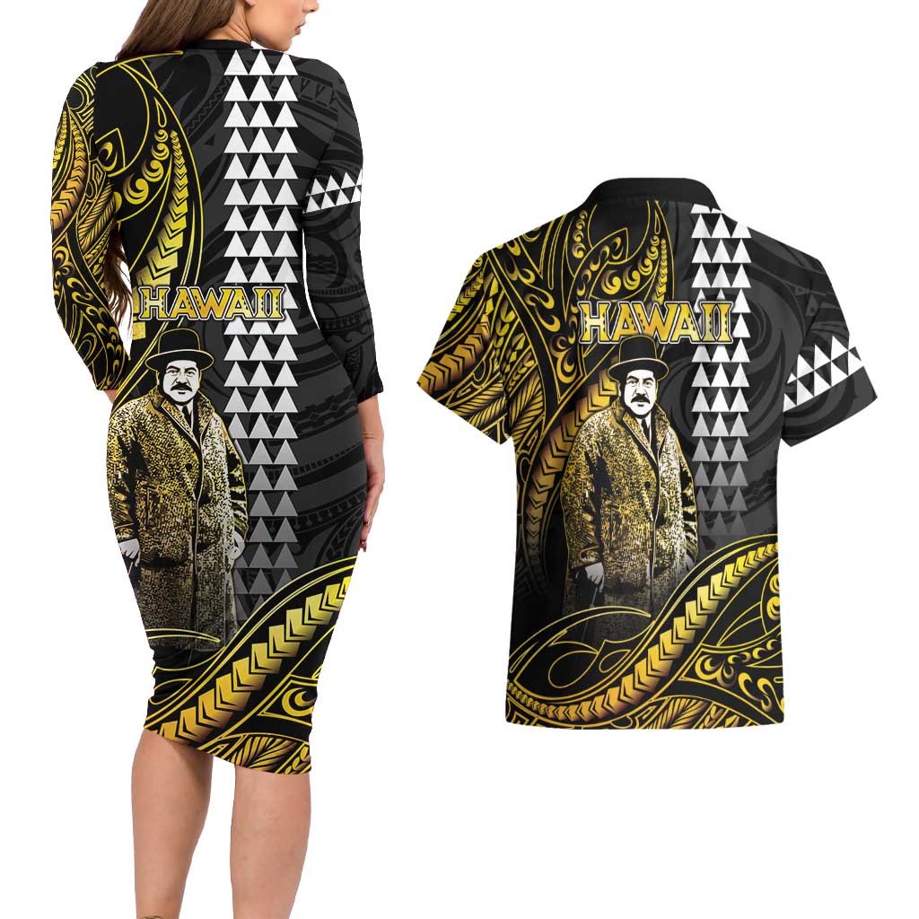 Hawaii Kuhio The Citizen Prince Couples Matching Long Sleeve Bodycon Dress and Hawaiian Shirt Gold Polynesian Tribal Tattoo